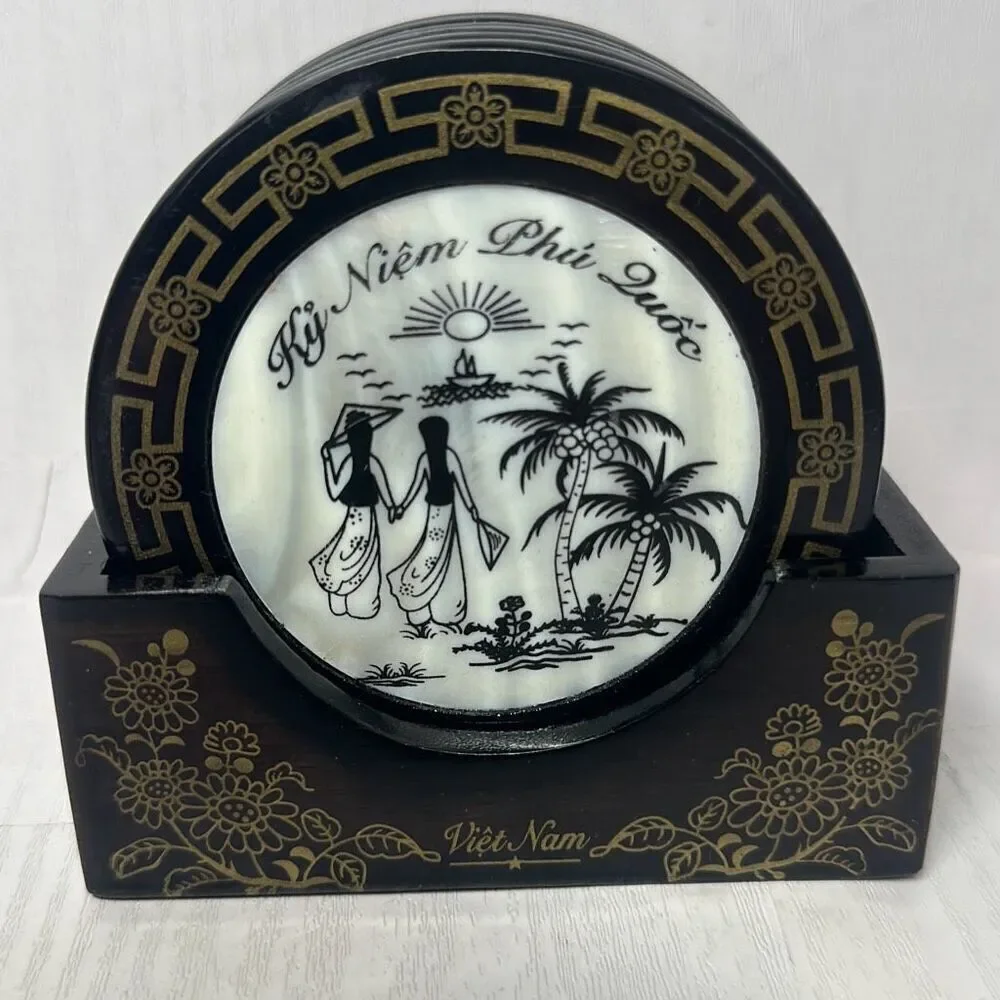 Vietnam Asian Art Set Of 6 Vietnamese Coasters Mother Of‎ Pearl Inset Vintage